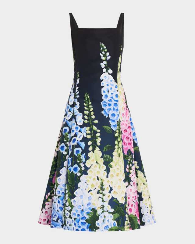 Multi Foxglove Degrade Printed Faille Midi Cocktail Dress